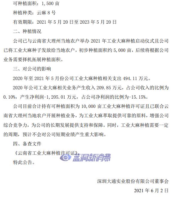 深大通子公司获得可种植面积10000亩的工业大麻种植许可证