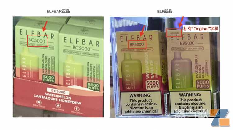 爱奇迹的ELFBAR（左）与VPR的ELFBAR（右）对比