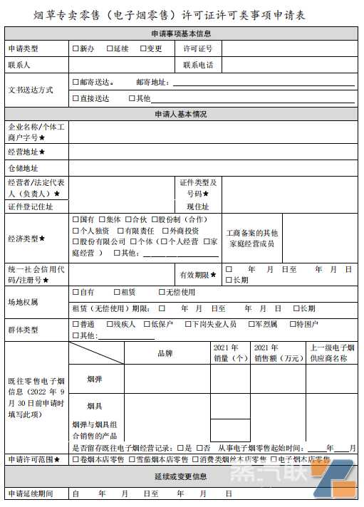 烟草专卖零售（电子烟零售）许可证许可类事项申请表