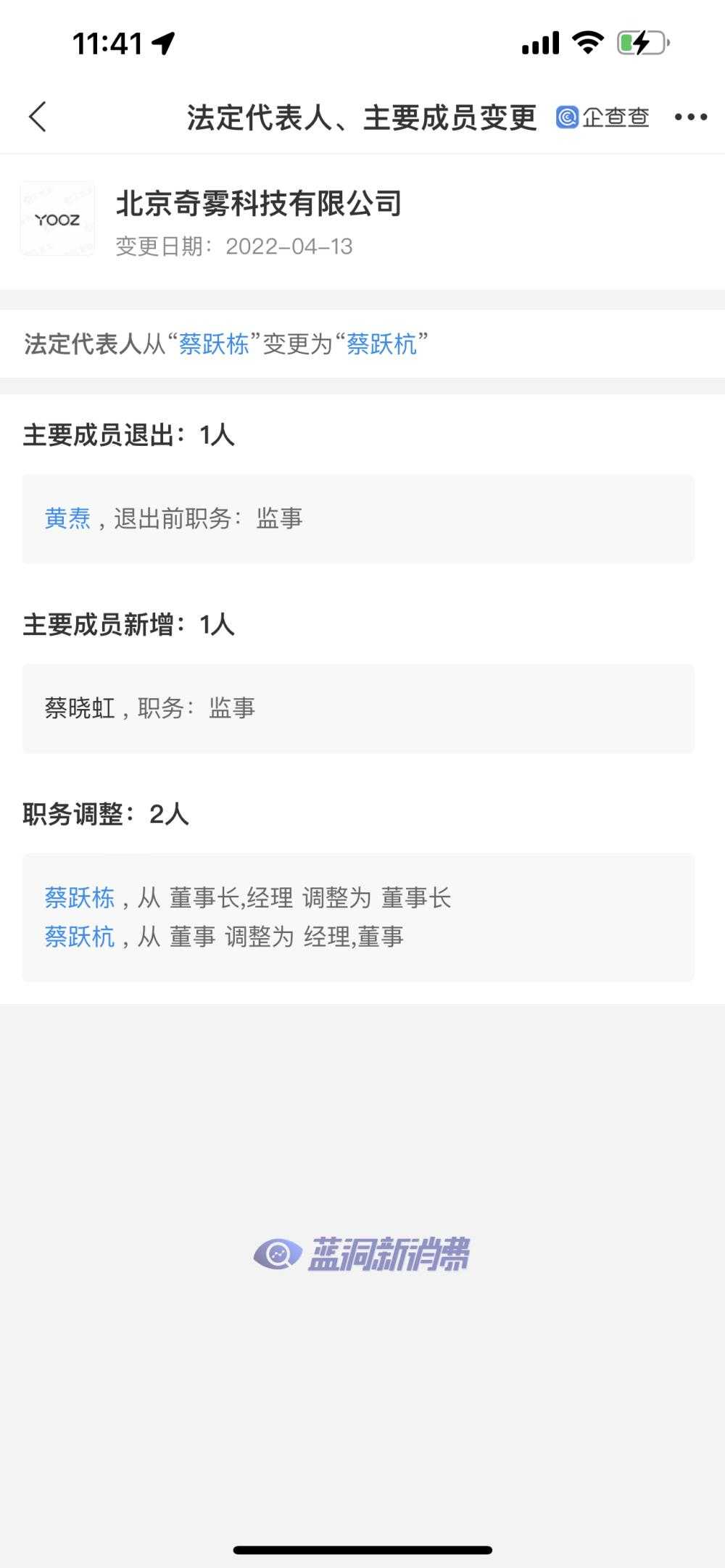 YOOZ北京运营公司法定代表人蔡跃栋发生变更