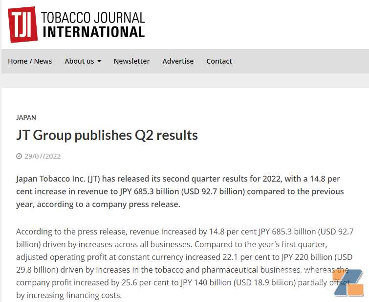 日本烟草（JT）2022年第二季度业绩